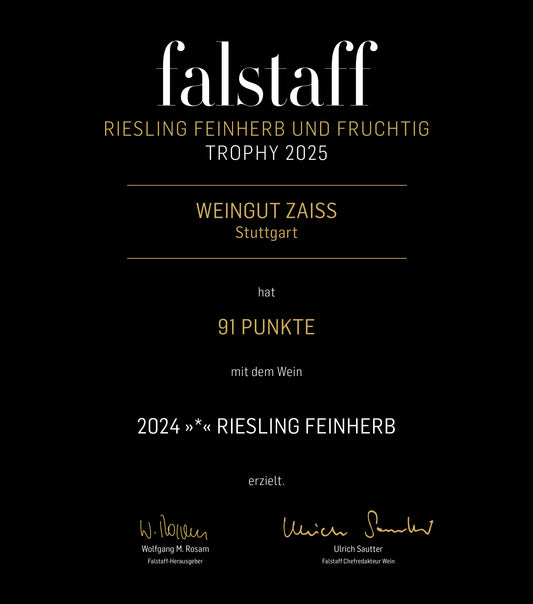 Riesling feinherb 2024 | falstaff Urkunde Riesling feinherb und fruchtig Trophy 2025 | Weingut Zaiß | Stuttgart-Obertürkheim