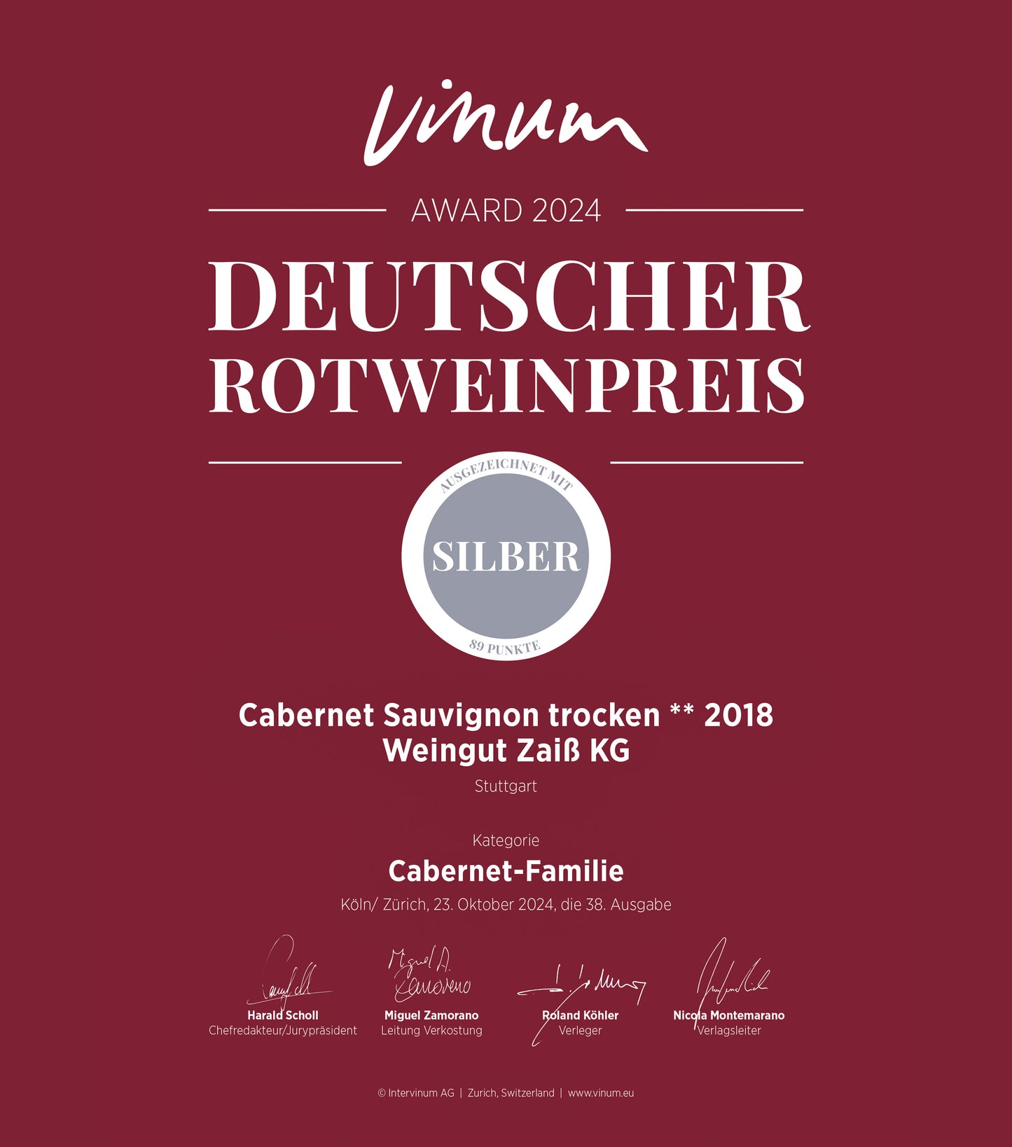 Vinum Award 2024 | Deutscher Rotweinpreis | Silber mit 89 Punkten