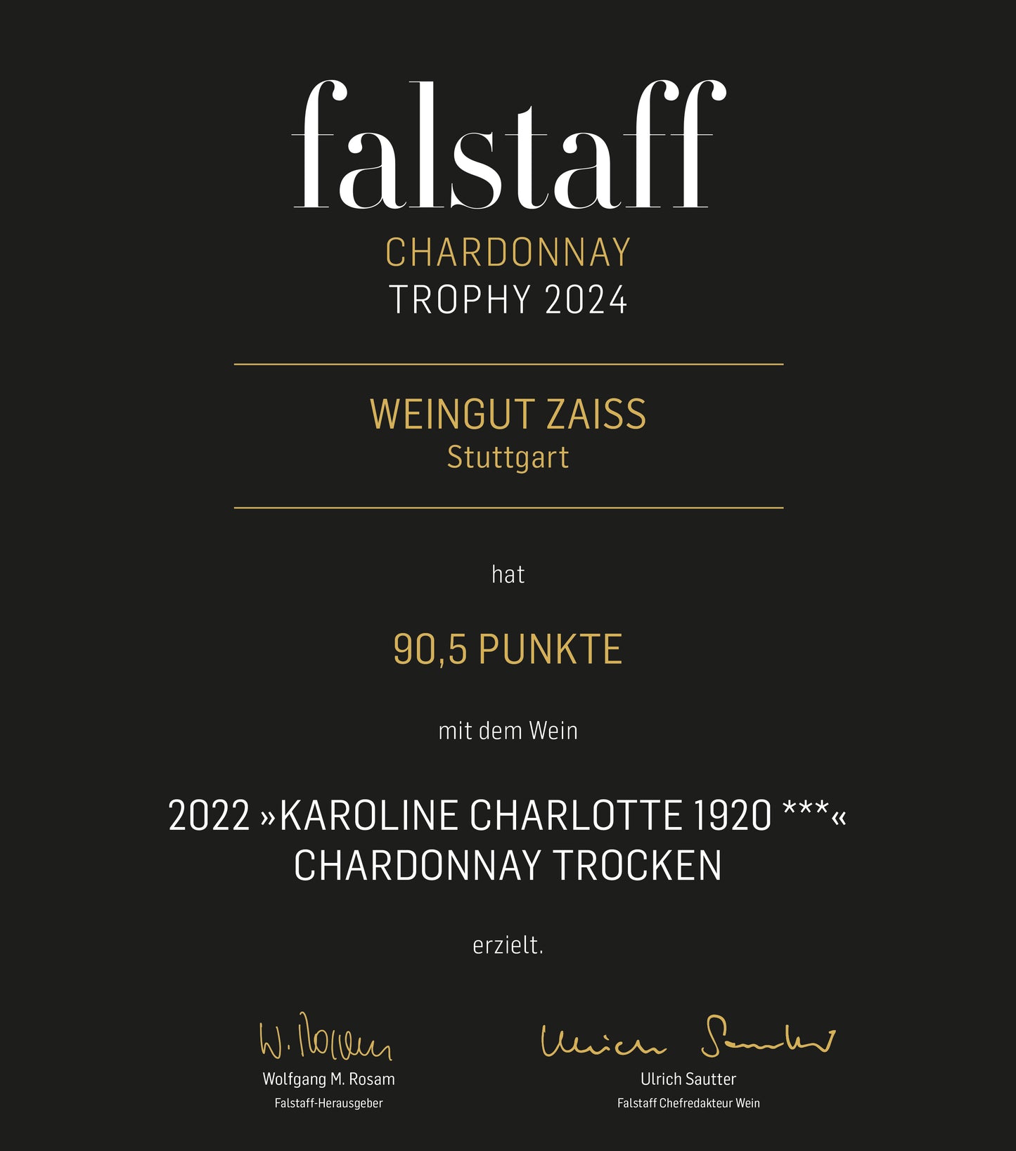faslstaff Urkunde Karoline Charlotte Chardonnay trocken | Weingut Zaiß | Stuttgart-Obertürkheim