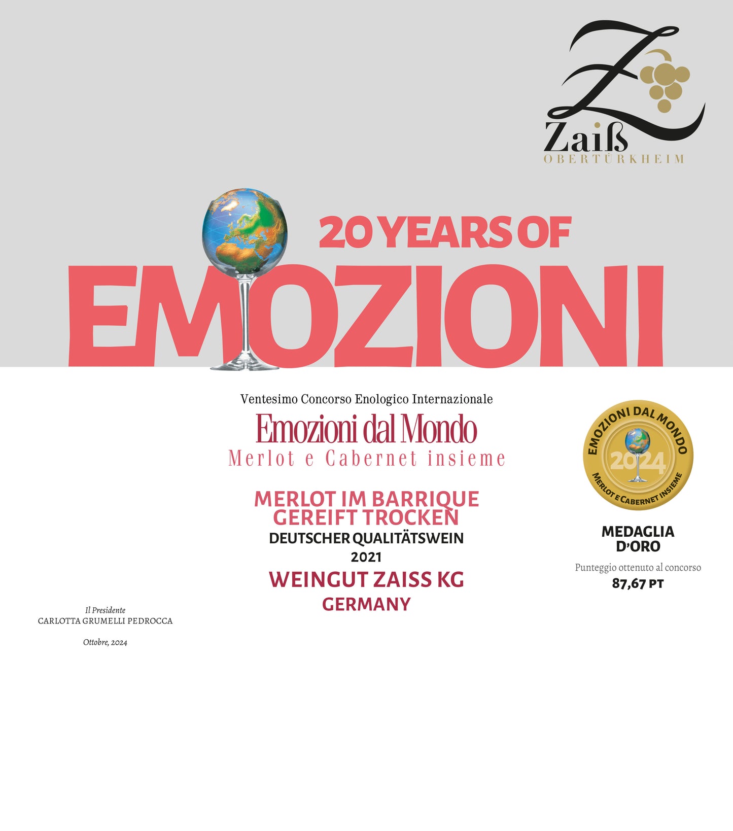 Gold Medal: Emozioni dal Mondo für unseren Merlot *** | Weingut Zaiß | Stuttgart-Obertürkheim