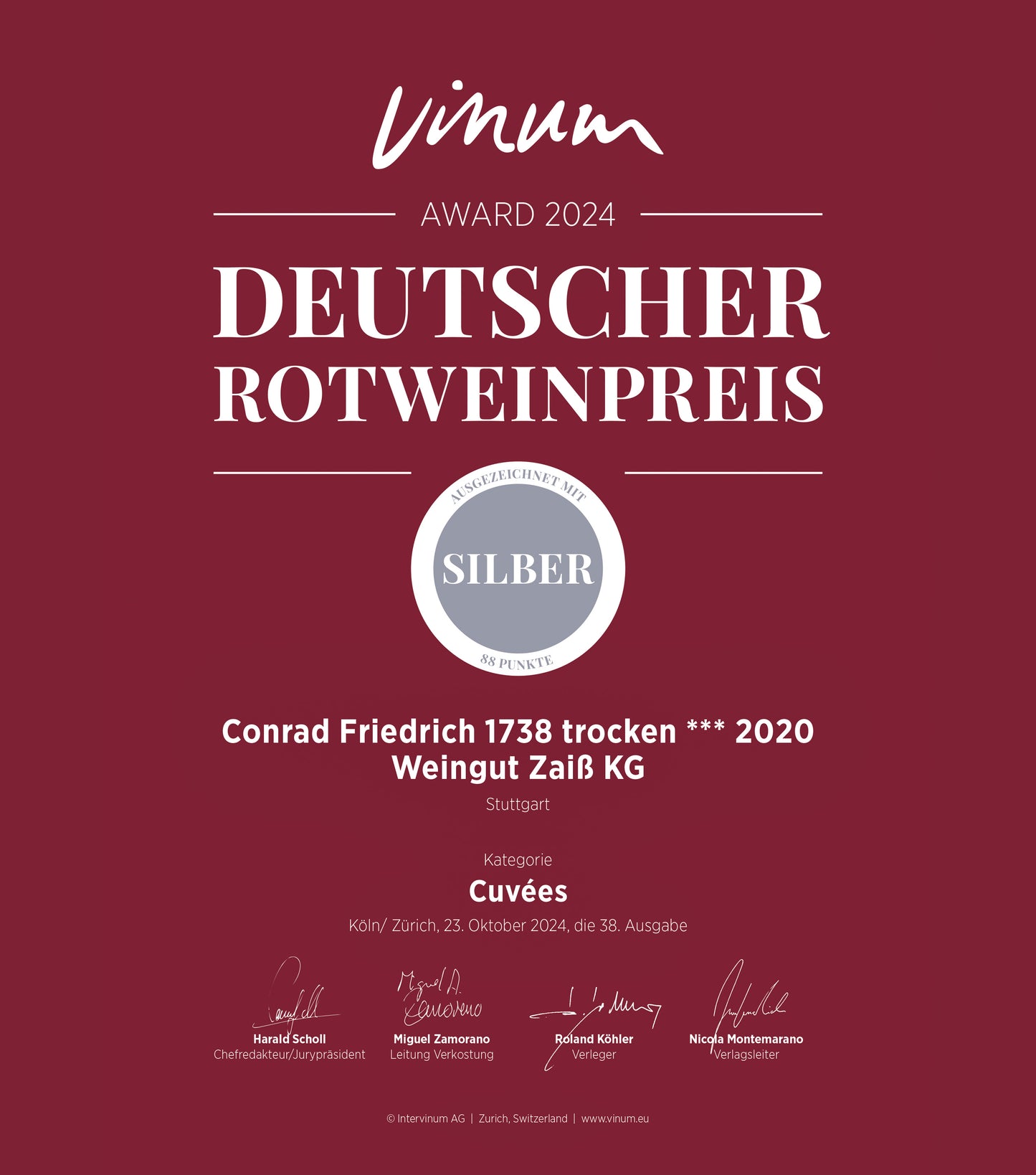 Vinum Award 2024 | Deutscher Rotweinpreis | Silber mit 88 Punkten