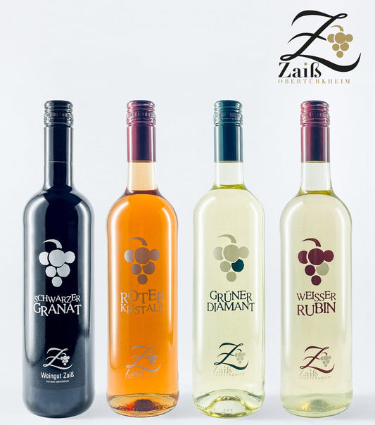 Edelsteinlinie, bestehend aus Schwarzer Granat, Roter Kristall, Grüner Diamant und Weisser Rubin