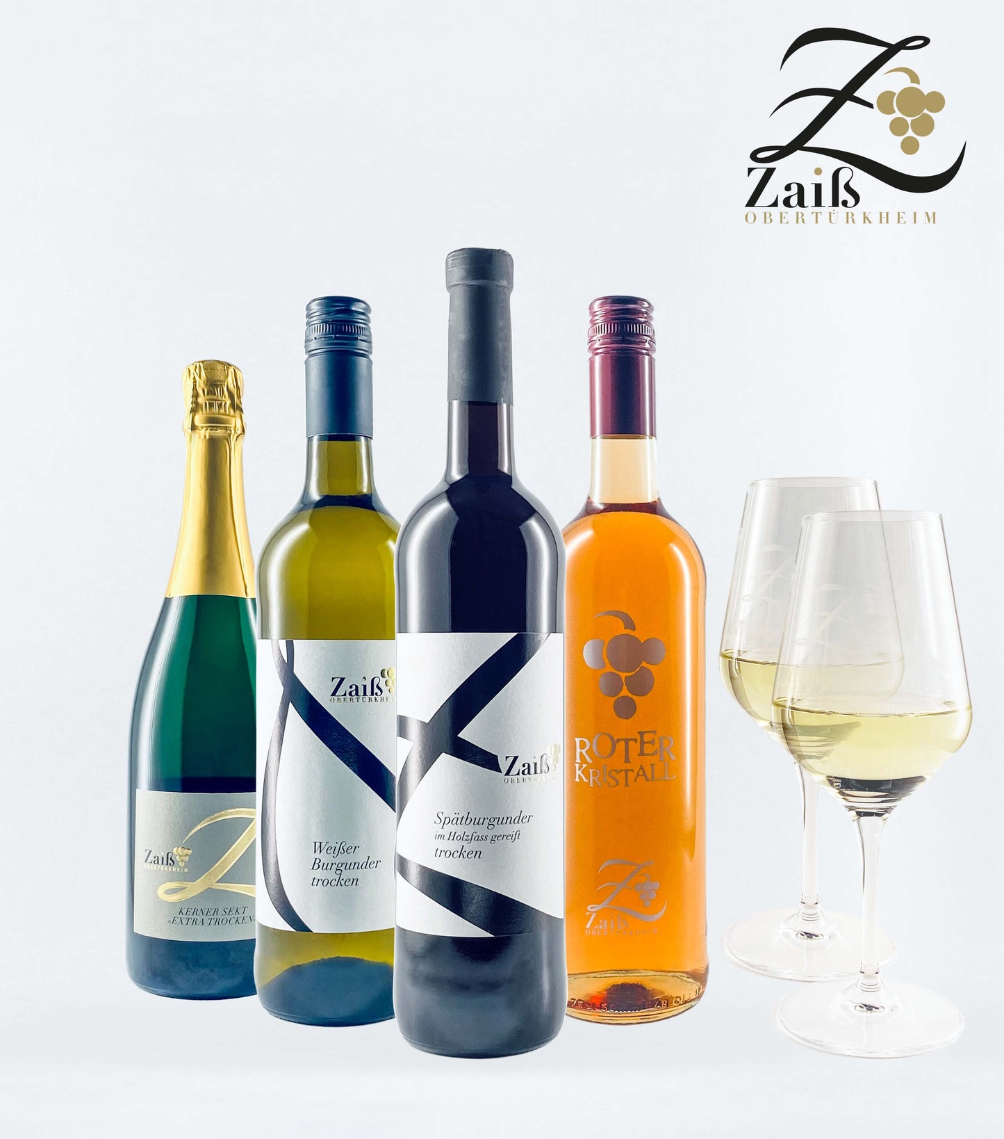 Weinpaket Entdecker Päckle mit 2 Weingläsern, Spätburgunder **, Kerner Sekt, Weißer Burgunder, Roter Kristall