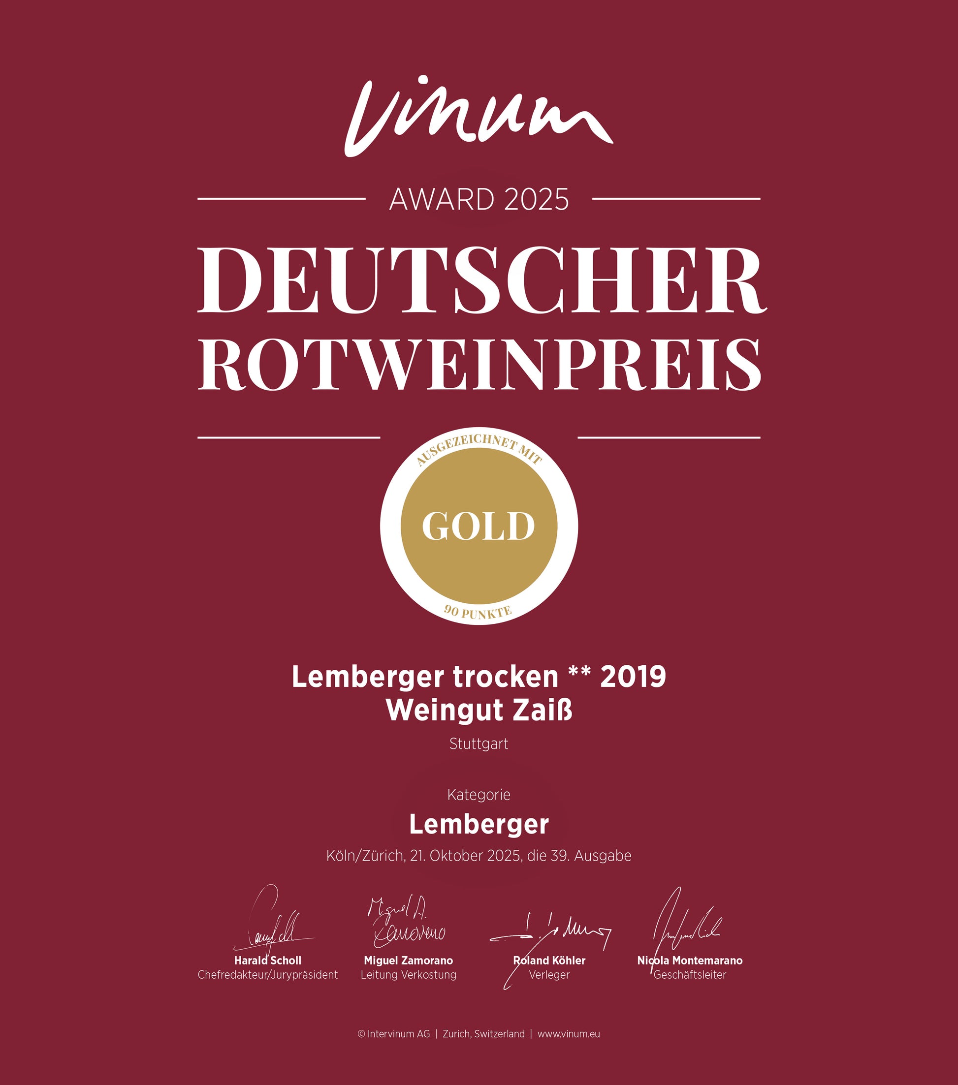Auszeichnung Vinum Award 2025 | Deutscher Rotweinpreis