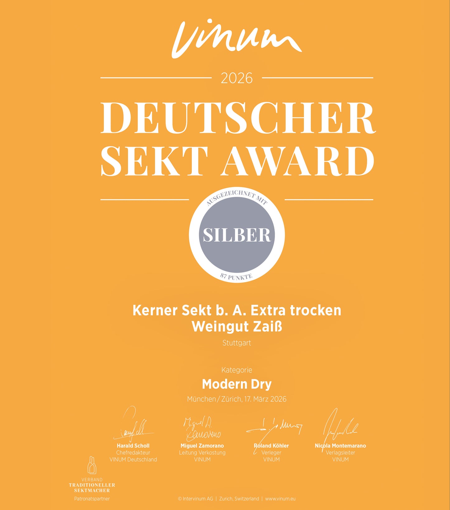 Urkunde vinum Deutscher Sekt Award 2026 | Kerner Sekt - extra brut - | Weingut Zaiß