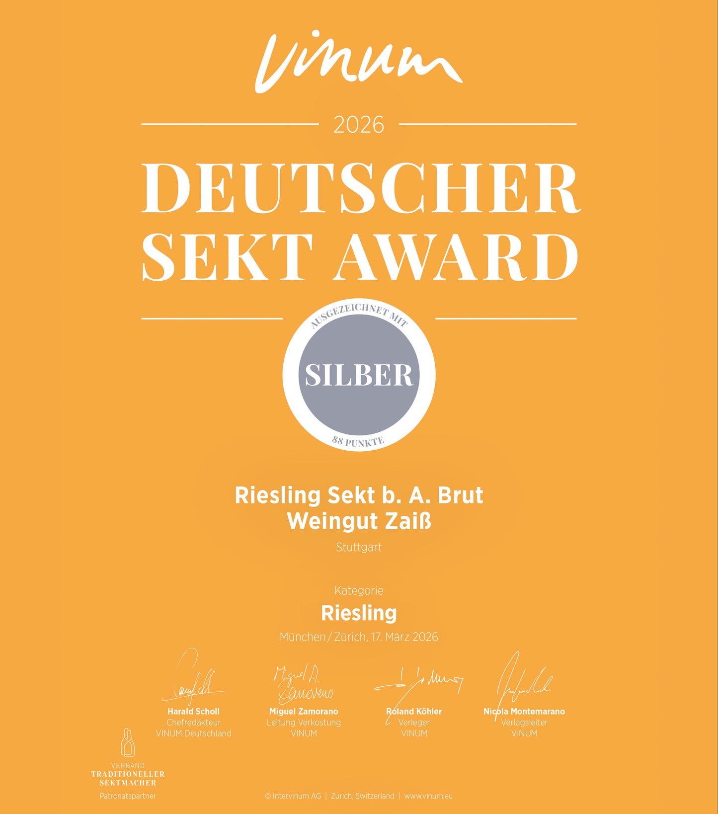 Urkunde vinum Deutscher Sekt Award 2026 | Riesling Sekt - brut - | Weingut Zaiß