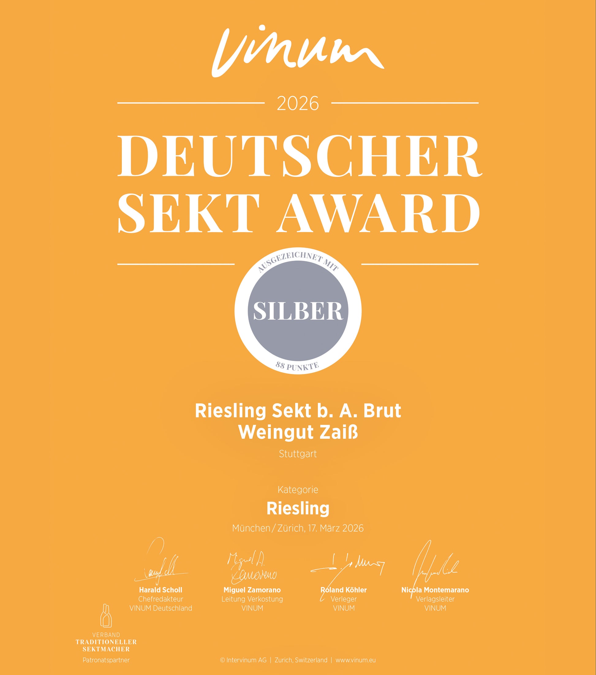 Urkunde vinum Deutscher Sekt Award 2026 | Riesling Sekt - brut - | Weingut Zaiß