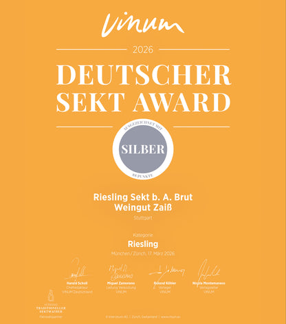 Urkunde vinum Deutscher Sekt Award 2026 | Riesling Sekt - brut - | Weingut Zaiß
