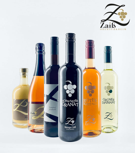 Weinpaket Mädelsabend Genuss Paket mit Eierlikör, Rosé Sekt trocken, Roter Kristall, Grüner Diamant, Samtrot feinherb und Schwarzer Granat