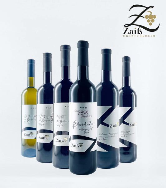 Internationale Barrique-Helden Weinpaket. Bestehend aus: 1x "Albert Gustav 1921" Merlot *** QbA trocken -Barrique-  1x "Conrad Friedrich 1738" Rotweinhelden *** QbA trocken -Barrique- 1x "Hanß Christian 1657" Spätburgunder *** QbA trocken -Barrique-  1x "Karoline Charlotte 1920" Chardonnay *** QbA trocken -Barrique-  1x Cabernet Sauvignon ** QbA trocken -Barrique-  1x Lemberger ** QbA trocken -Barrique-  1x Versandkostenfrei