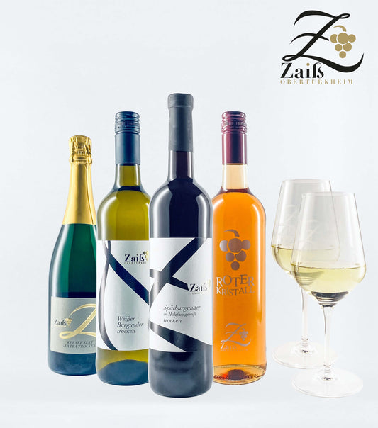 Weinpaket Entdecker Päckle mit 2 Weingläsern, Spätburgunder **, Kerner Sekt, Weißer Burgunder, Roter Kristall