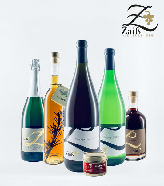 Weinpaket Kochgenuss Päckle mit Riesling Sekt brut, Riesling Essig, Trollinger Trocken, Riesling feinherb, Himbeer Likör, Rotweinsalz und einem Rezeptheft