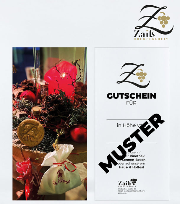 Gutschein für Vinothek, Sonnen-Besen oder Haus- & Hoffest. Motiv Weihnachten