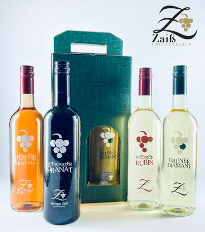 Edelsteinlinie Geschenk-Päckle: Bestehend aus Roter Kristall, Schwarzer Granat, Weisser Rubin, Grüner Diamant und einem Geschenkkarton
