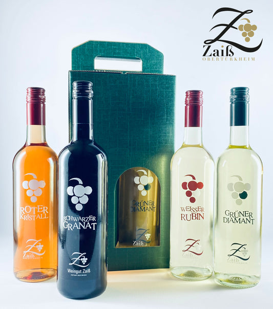 Edelsteinlinie Geschenk-Päckle: Bestehend aus Roter Kristall, Schwarzer Granat, Weisser Rubin, Grüner Diamant und einem Geschenkkarton